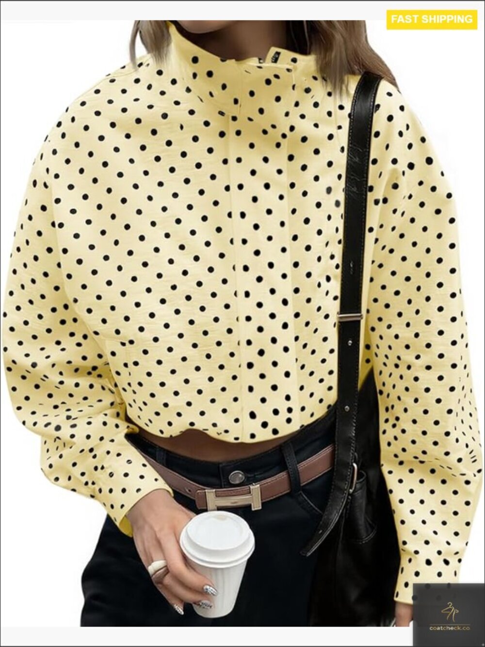 Womens Zip Up Cropped Jacket Oversized Polka Dot Spring Lightweight Casual
